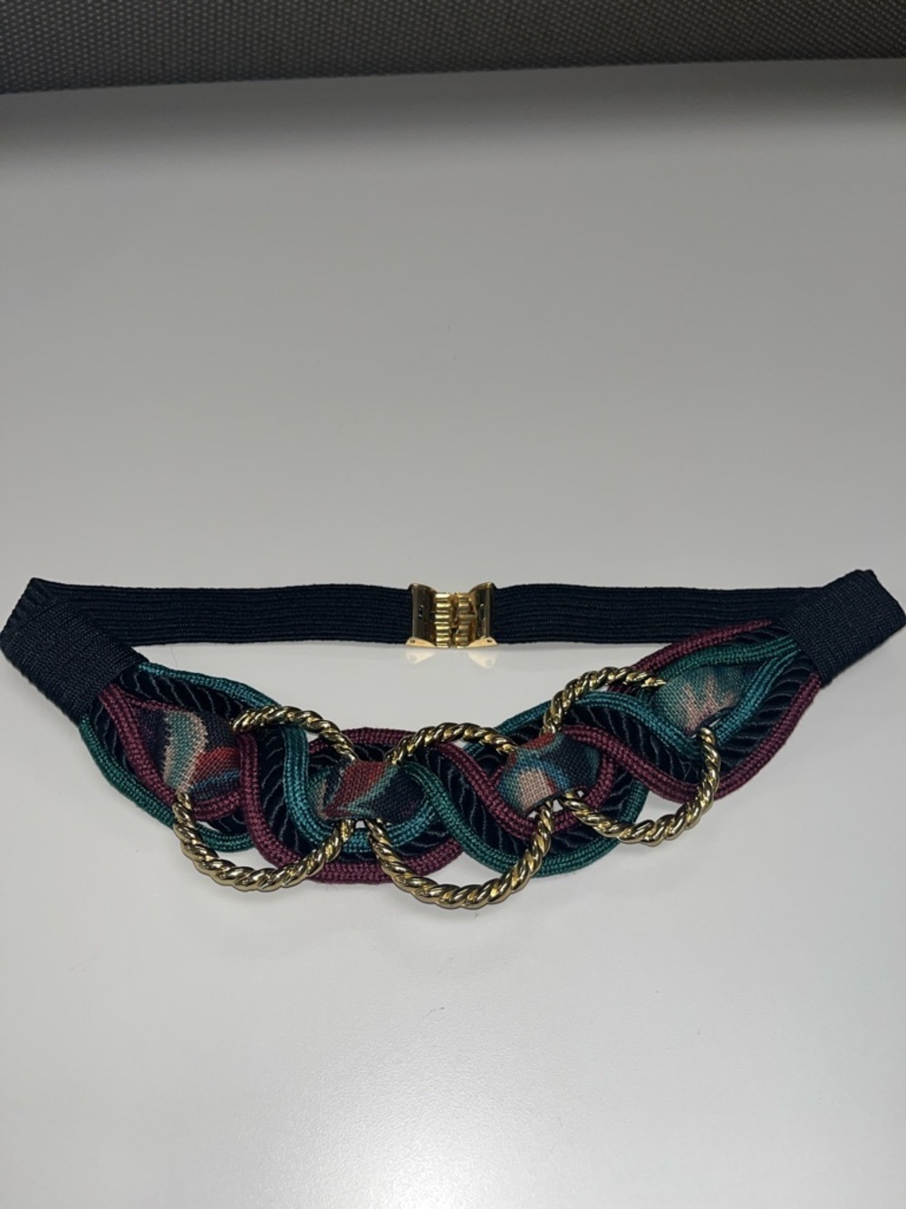 Leather Shop Woven Chain Accent Waist Belt - Teal & Burgundy